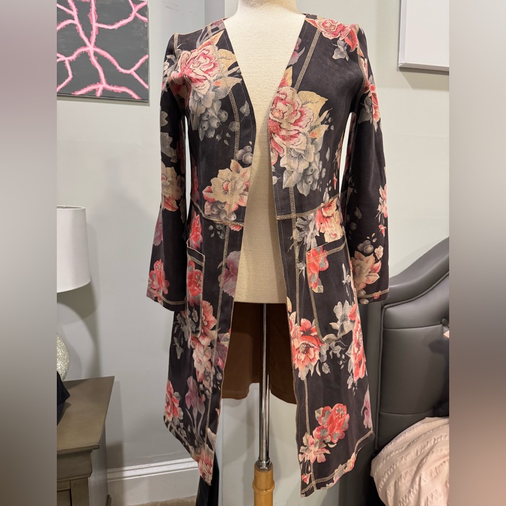 Anthropologie Monarc Floral Open Front Faux Suede jacket